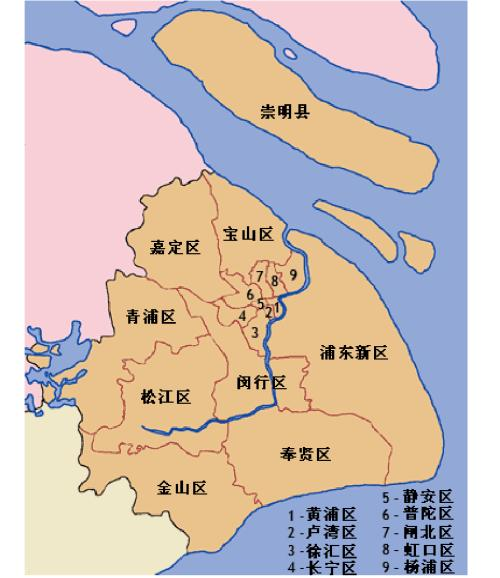 数字标记为市区,川沙和南汇与东昌区合并为浦东新区