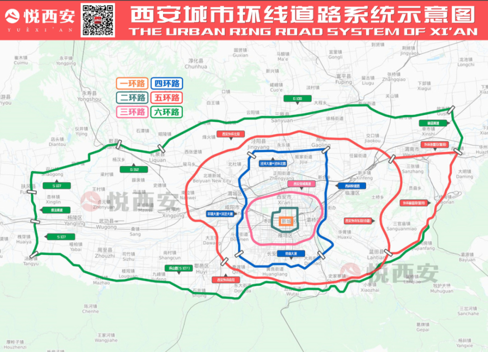西安城市环线规划示意图 制图悦西安值得一提的是 ,作为"五环"外环