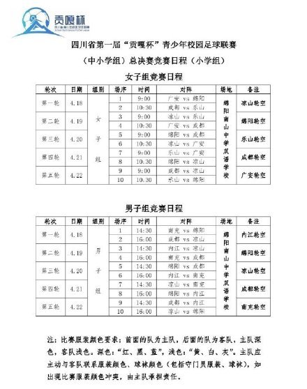 四川省第一届"贡嘎杯"青少年校园足球联赛(中小学组)总决赛竞赛日程