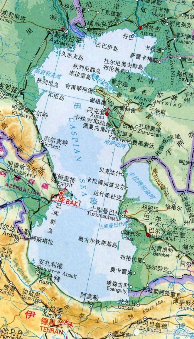 里海沿岸有5国,顺时针方向依次是:哈萨克斯坦,土库曼斯坦,伊朗