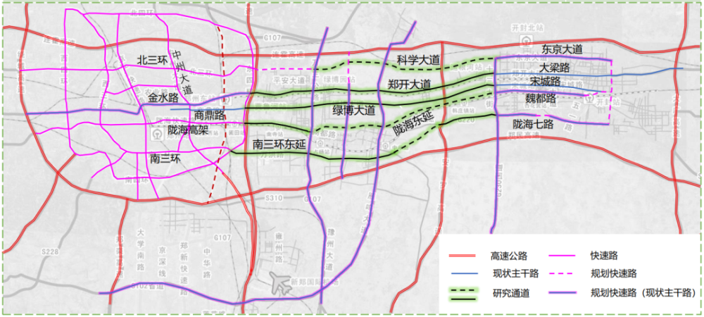 郑州与开封之间有十多条主要交通线,从北向南依次是 沿黄快速路,连霍
