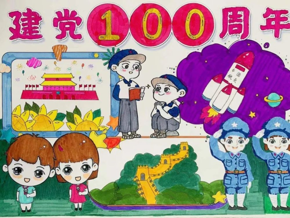 幼儿园建党100周年环创素材 童心向党绘画(转给老师和家长)