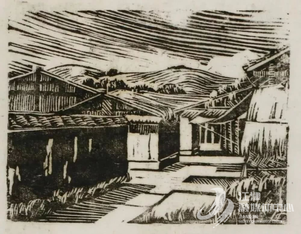 李家桢《德感坝》木刻版画,1940年代,8x10cm