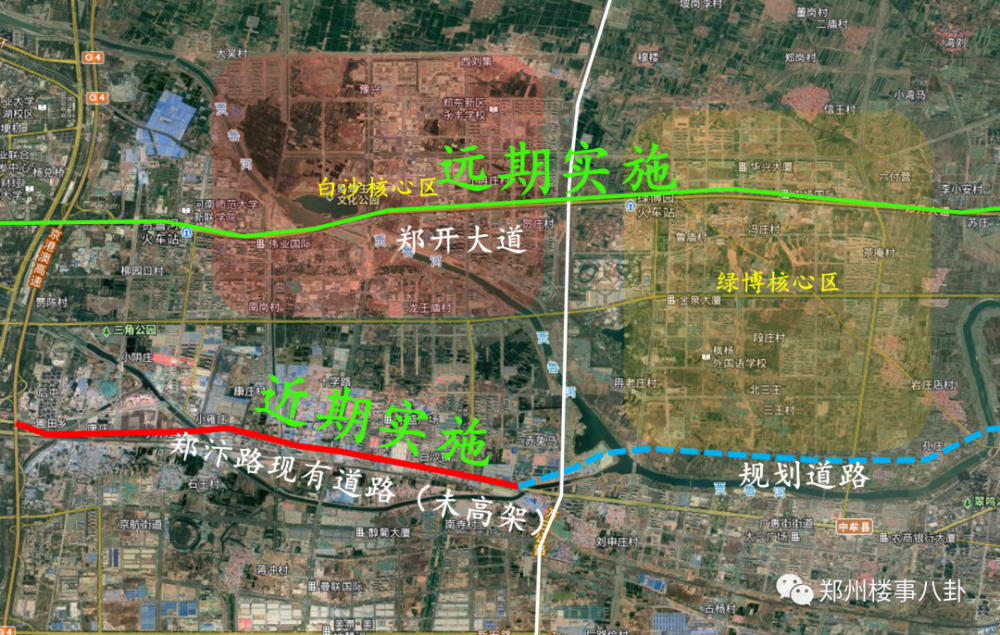 我们再来看一下未来郑汴快速路东延对白沙和绿博的影响.