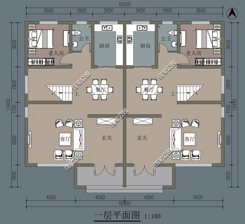 农村宅基地开间17米,进深16米,建兄弟双拼房,怎么设计