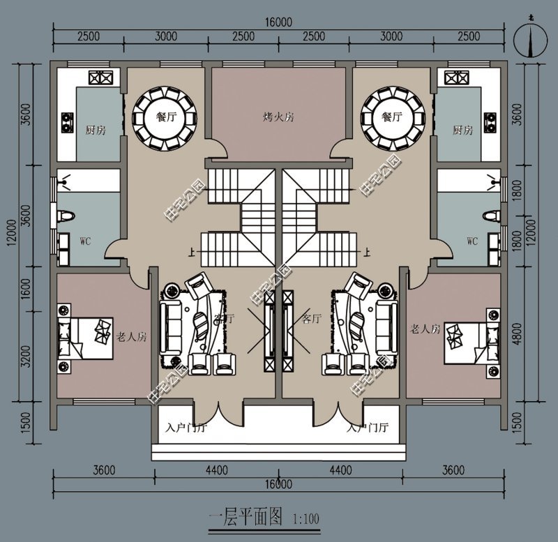 农村宅基地开间17米,进深16米,建兄弟双拼房,怎么设计