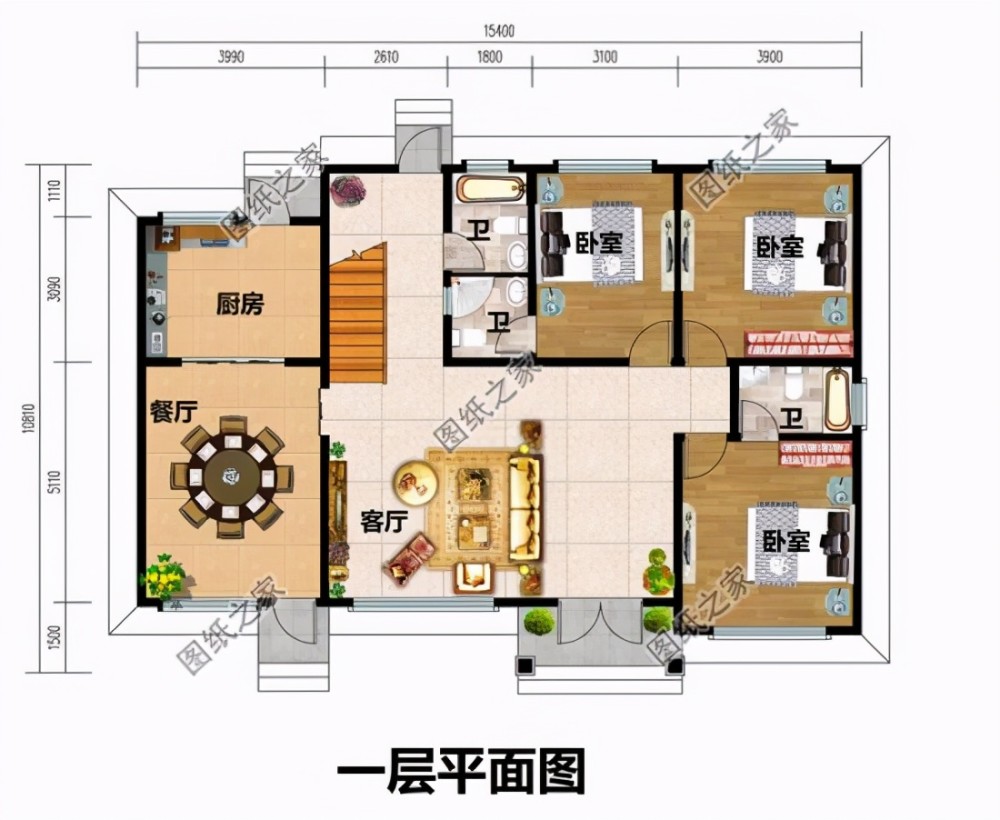 10米宽15米长建房图纸,15米x10设计图纸 面宽15米二层自建房设计图,娱乐空间少不了,真是美美哒