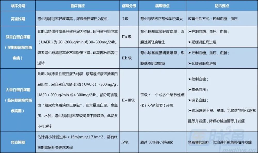 一张表糖尿病肾病临床分期病理分级及防治要点知识卡片