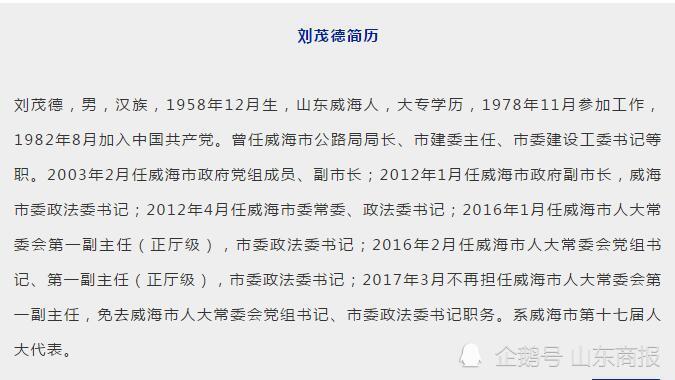 威海市人大常委会原第一副主任,市委政法委原书记刘茂德接受审查调查