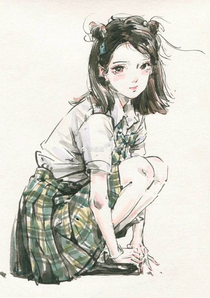 清华美院才子,用传统的水墨画笔来描绘时代清秀的少女