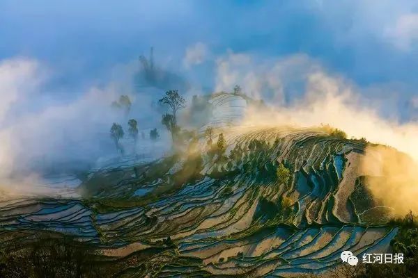 梯田,位于哀牢山脉中下段的红河流域,在红河南岸的元阳县,红河县,金平