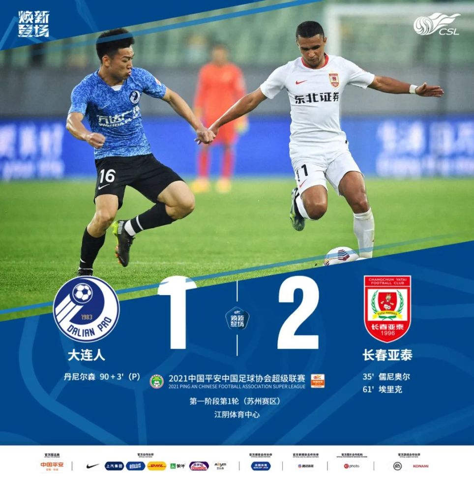 大连人1-2长春亚泰 4月22日18:00,2021中国平安中超联赛第1轮,大连人