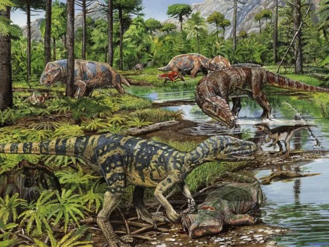 爬行动物和裸子植物占领着三叠纪大陆原始鳄鱼类和早期恐龙出现重返