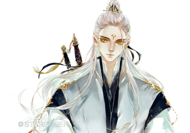 灰灰画的古风美男子,白发负剑的很仙气,这个像羡羡又像花花