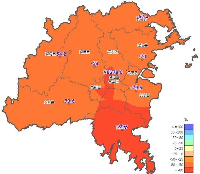 2021年01月01日至04月20日福州市雨量距平百分率分布图(单位)今年