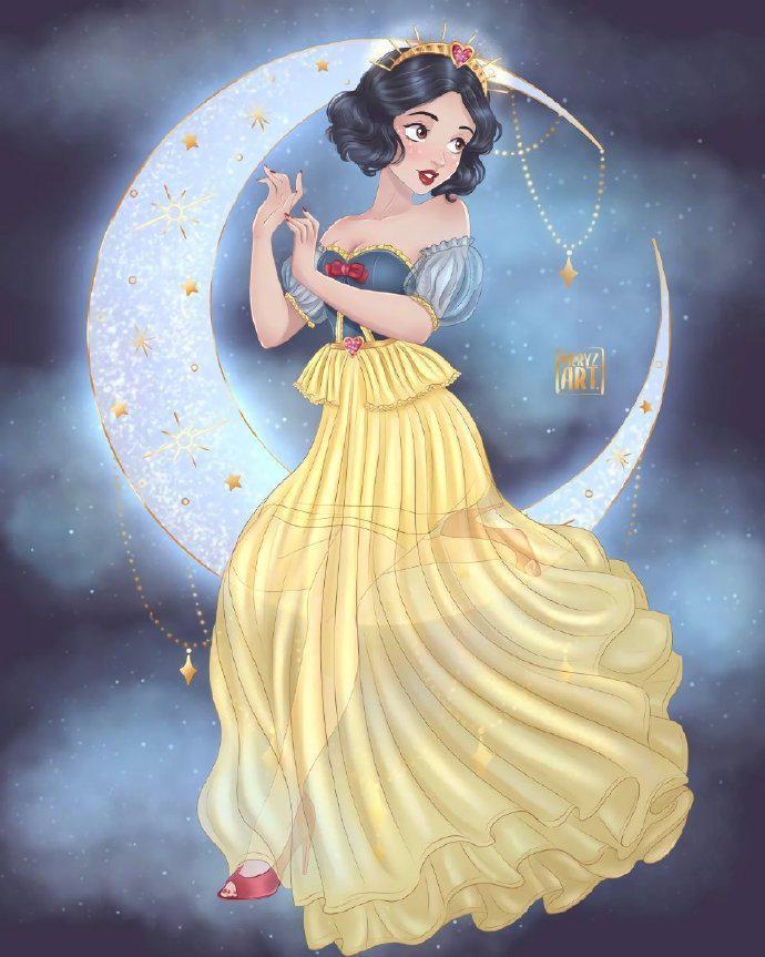 坐在月亮上的迪士尼公主艾莎女王闪闪发光茉莉公主已黑化