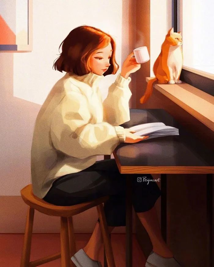 少女与猫 温暖治愈～画师:peijinsart