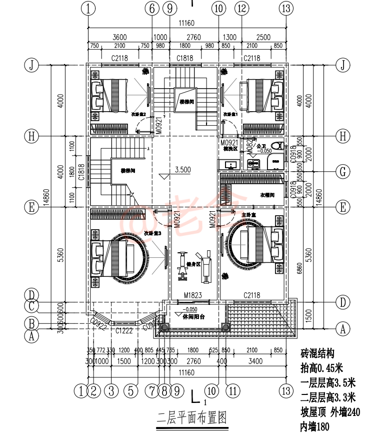 二层平面图:4间卧室,卫生间,洗衣房,衣帽间,健身房