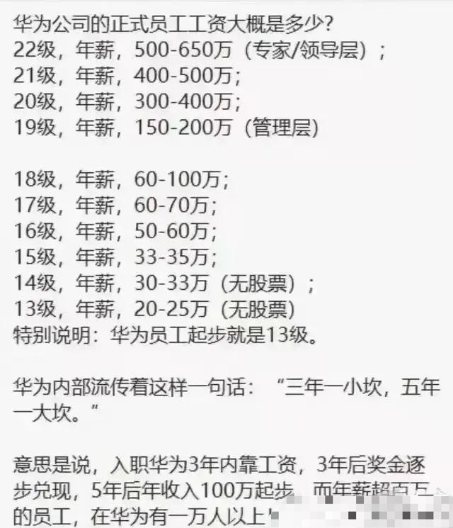 华为各级员工工资起步就是20万最高可达500万