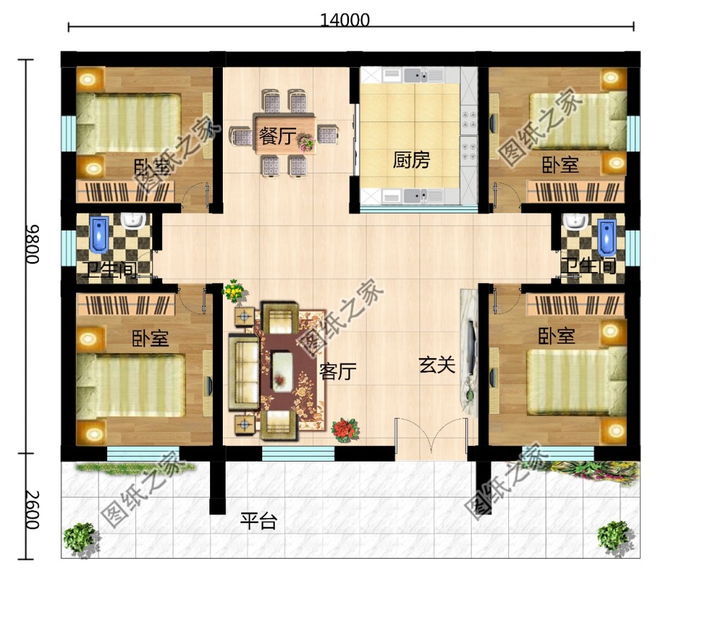 图以及户型图,简约漂亮效果图展示效果图展示农村一层自建房屋设计图