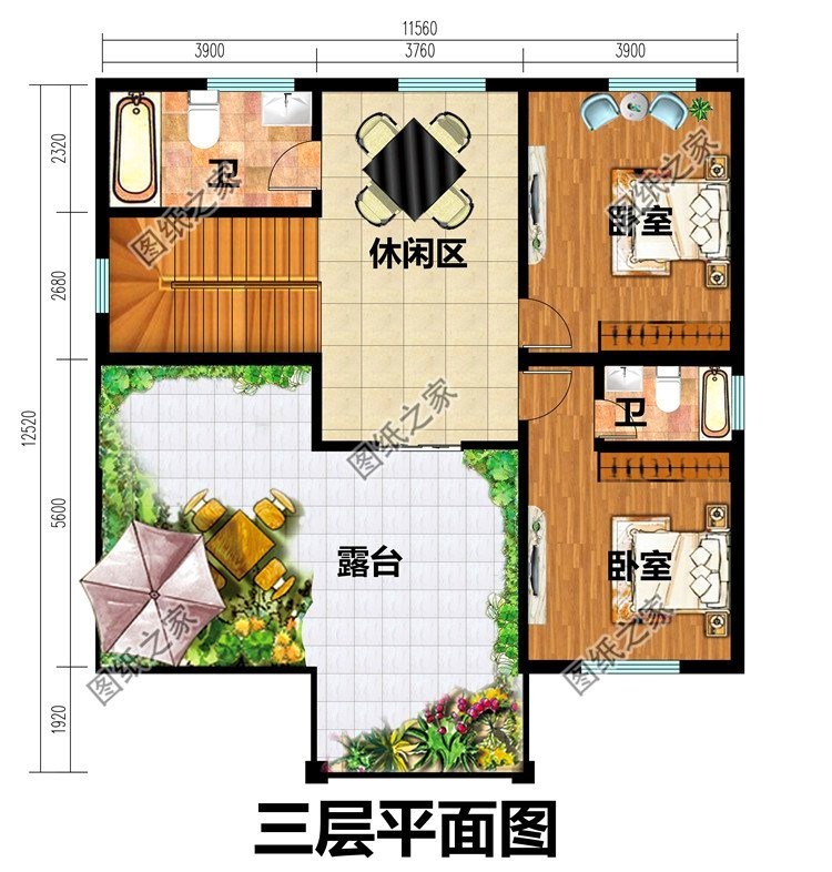 卧室,卧室(带卫生间),卫生间,露台; 方案三:农村三层别墅自建房设计图