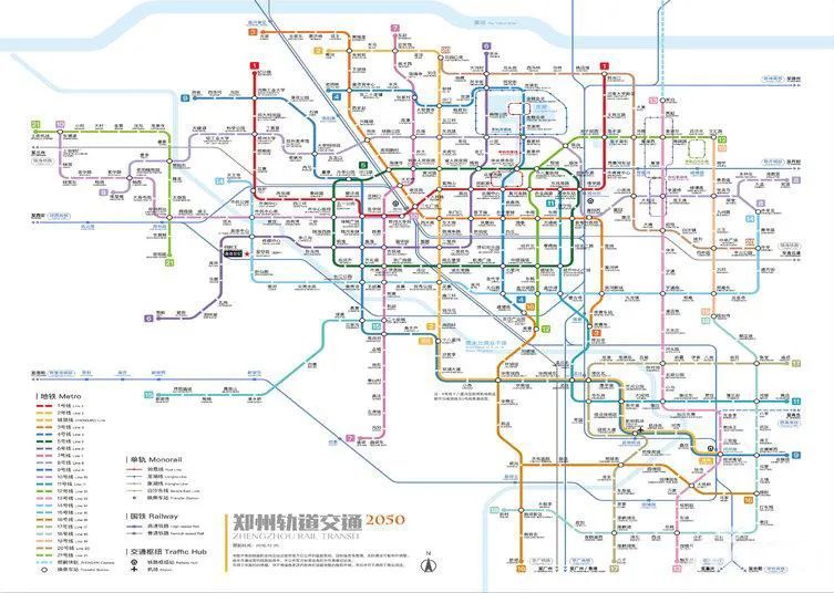 到2050年,郑州地铁线路数将达到20条之多.