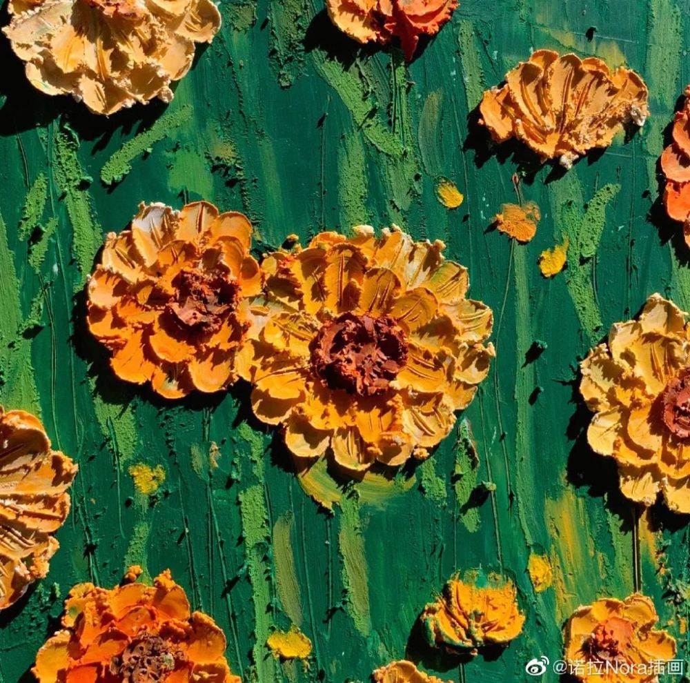 每一张作品,她用油画棒刻画 对花瓣色彩变化的捕捉 赋予了这些植物