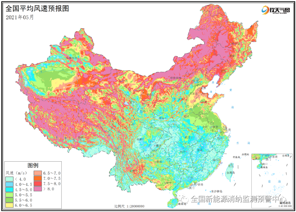 附图3  全国2021年5月平均风速分布预报图