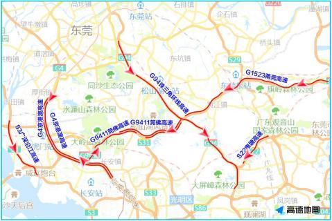 东莞市返程5月5日易拥堵缓行的高速有g9411莞佛高速,g1523甬莞高速等