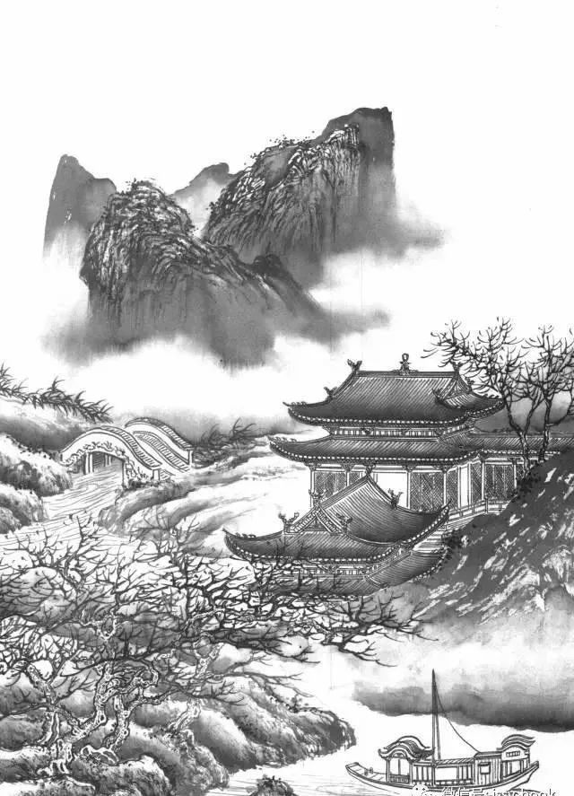 工笔线描山水画-楼阁