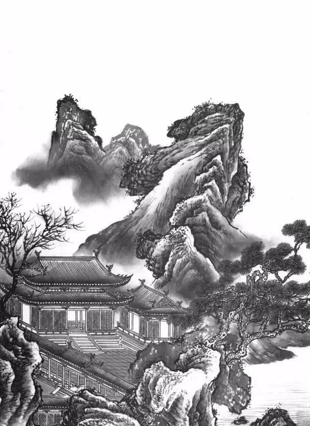 工笔线描山水画-楼阁