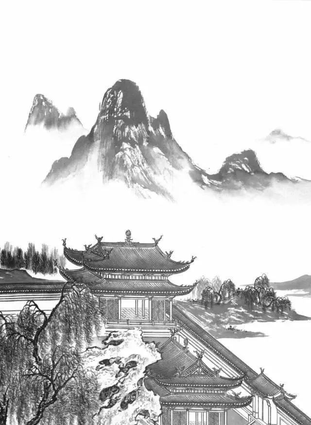 工笔线描山水画-楼阁