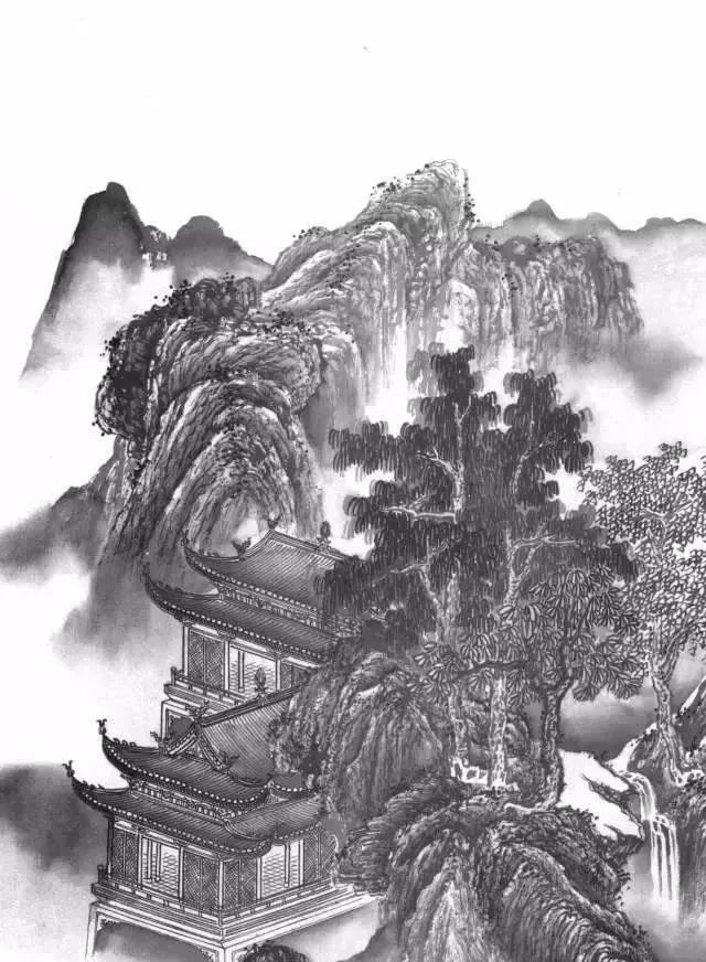 工笔线描山水画楼阁