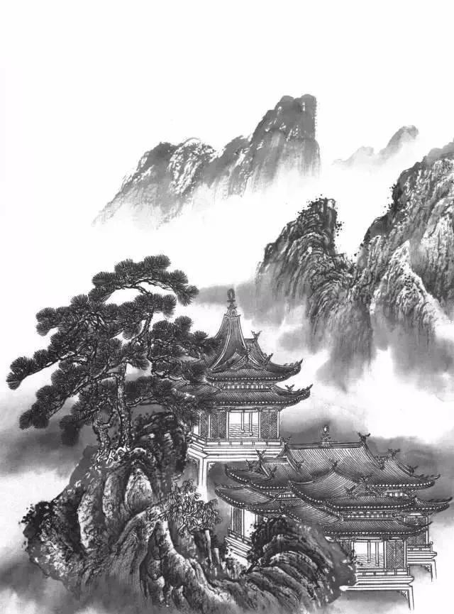 工笔线描山水画-楼阁