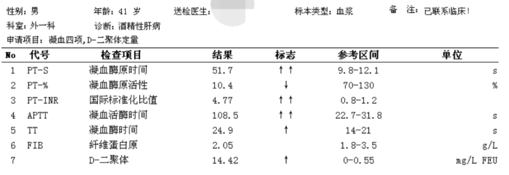 患者凝血四项和d-二聚体结果 pt,inr和aptt均高达危急值, 疑似已