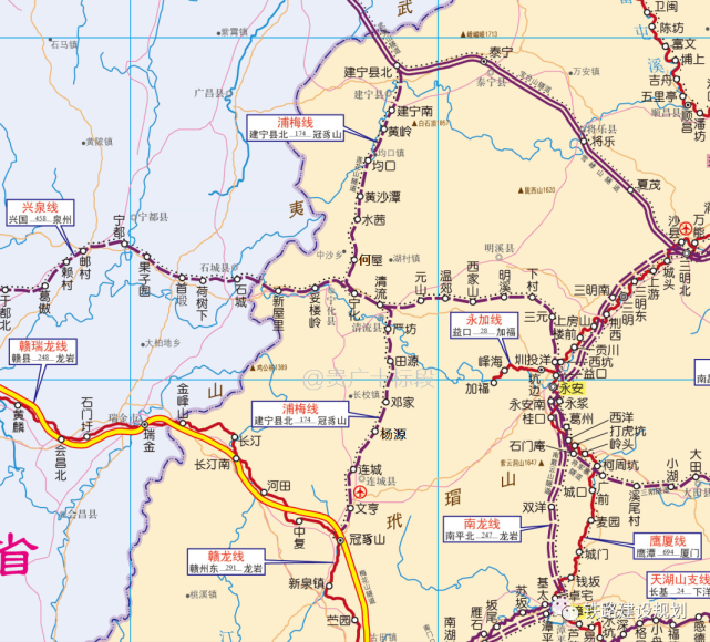 浦梅铁路建宁至冠豸山段线路走向和设站示意图