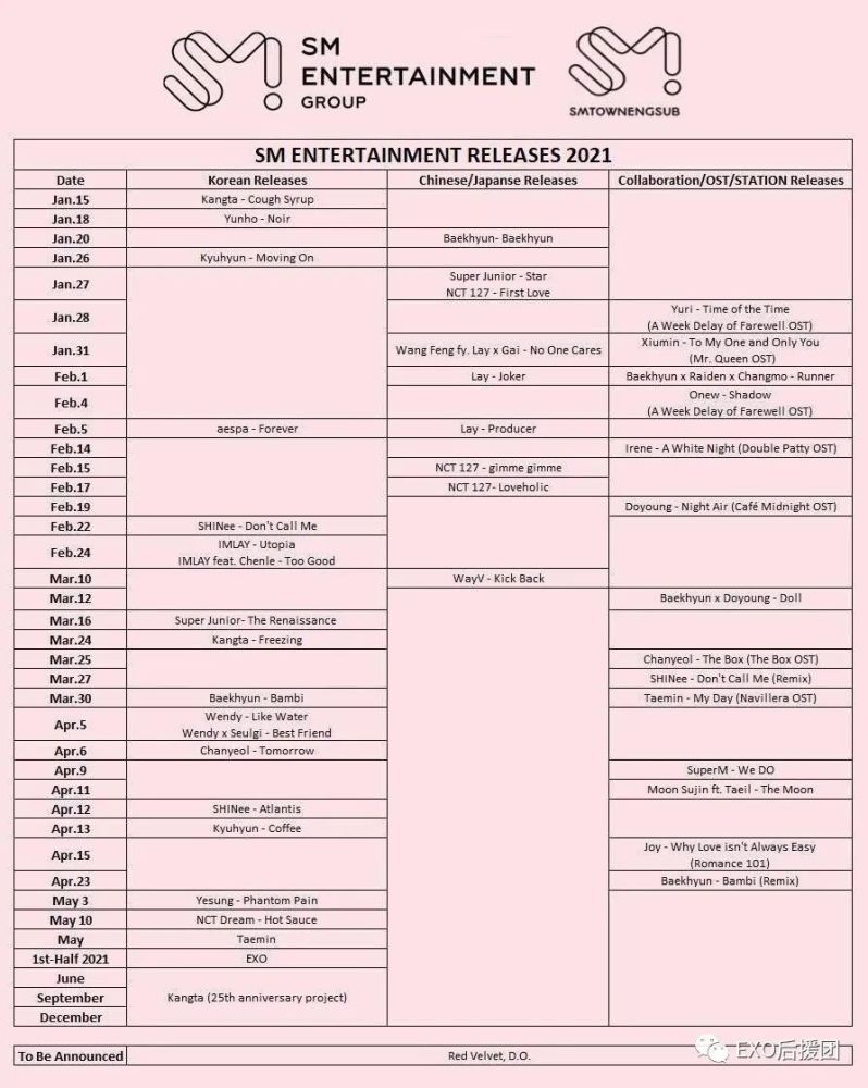 sm公开所属社艺人行程表,大队exo和d.o.会有回归安排!
