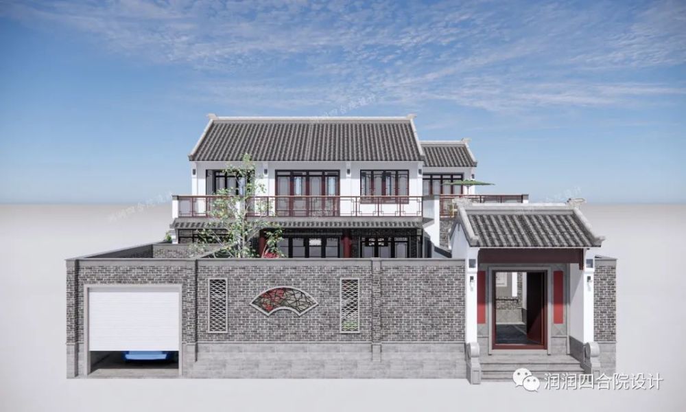 主建筑靠北,靠南留做前花园;房子是两层的高度,院子东南方向开门;别墅
