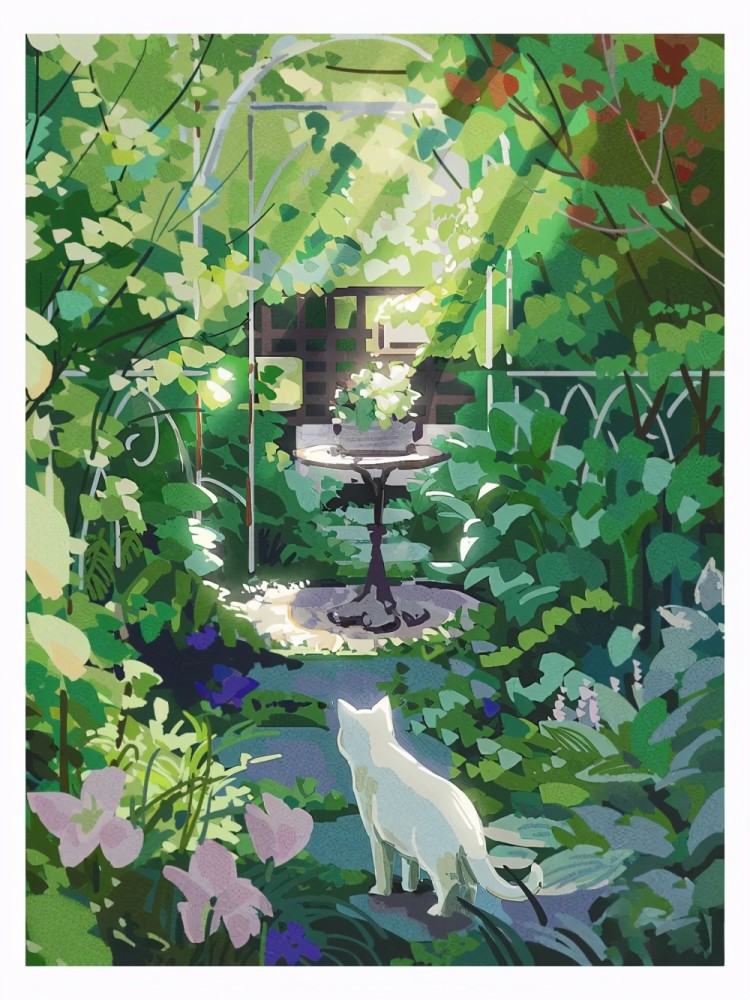 场景插画～花园里的猫