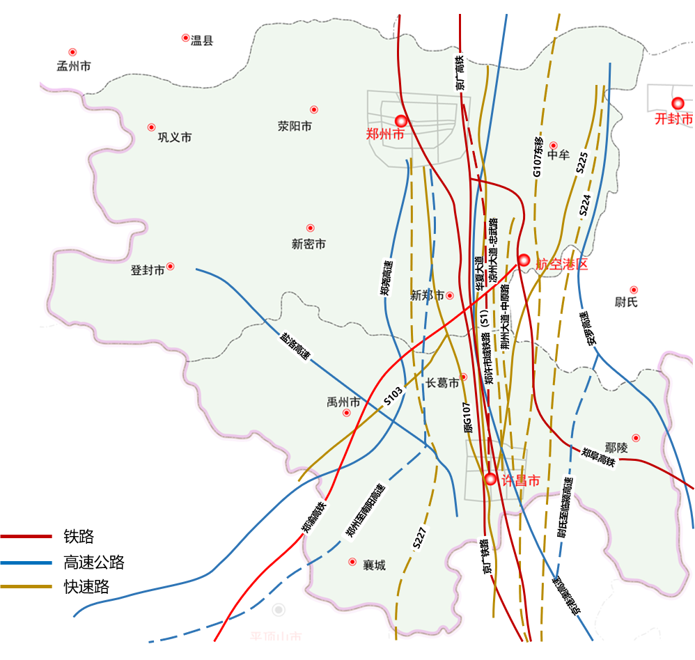 郑州至巩义走廊轨道交通3条:既有陇海铁路,徐兰高铁,规划郑洛城际铁路