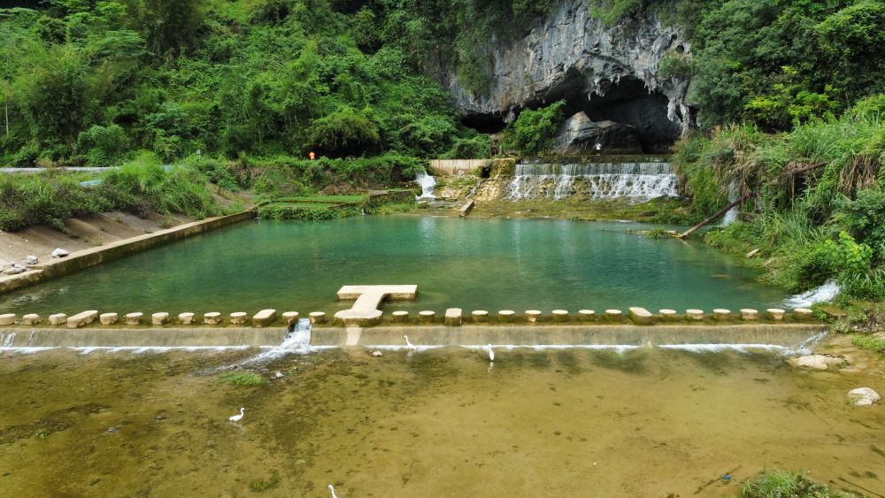 阳山鱼水岩绝美溶洞山泉水泳池,白鹭嬉戏,蝴蝶满天