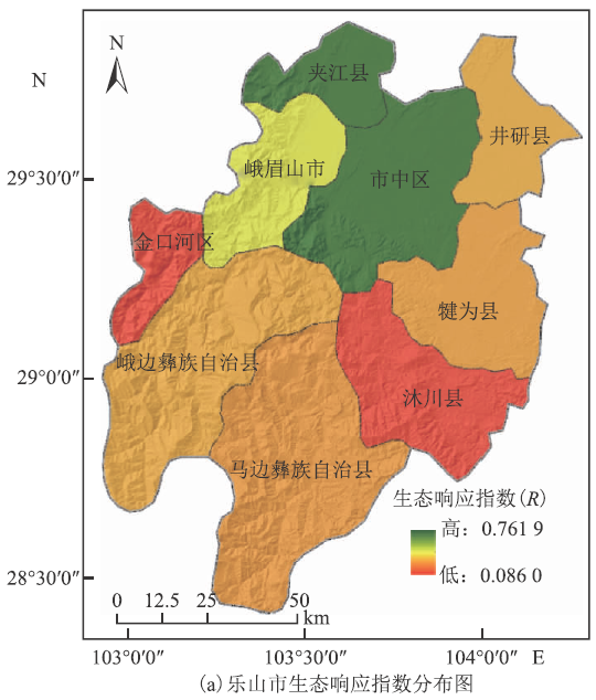 基于表1的指标权重及式(19),计算得到乐山市生态响应指数分布图及分级