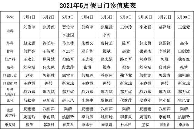 山西省汾阳医院2021年5月假日门诊值班表