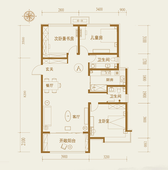 建面约108㎡三室两厅两卫户型图