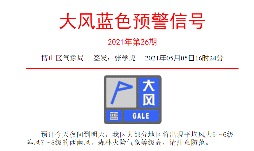 【温馨提示】博山区发布大风蓝色预警!明天上班要注意