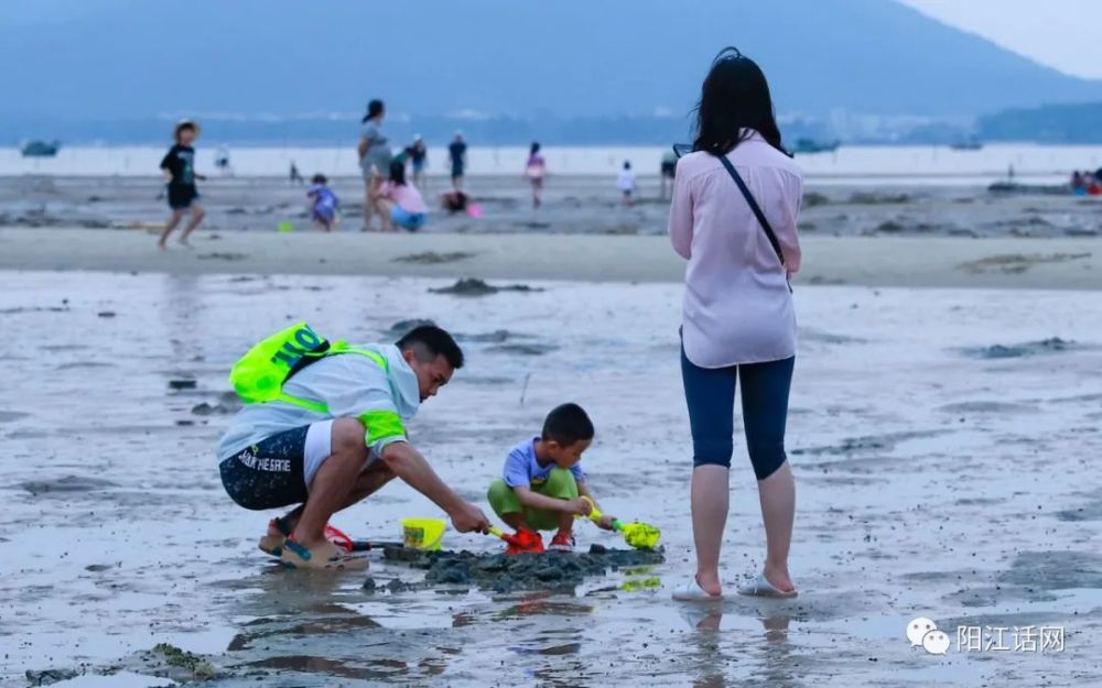 阳江市海陵区北极里灶村丫洲岛众多游客赶海美景晚上篇