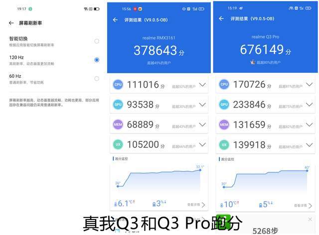 真我q3配备骁龙750g处理器,安兔兔跑分37万左右,支持120hz高刷新率.