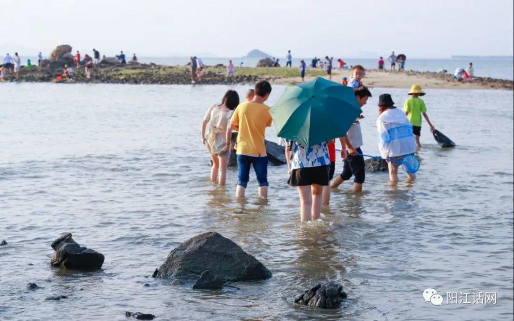 阳江市海陵区北极里灶村海滩众多游客赶海美景下午篇