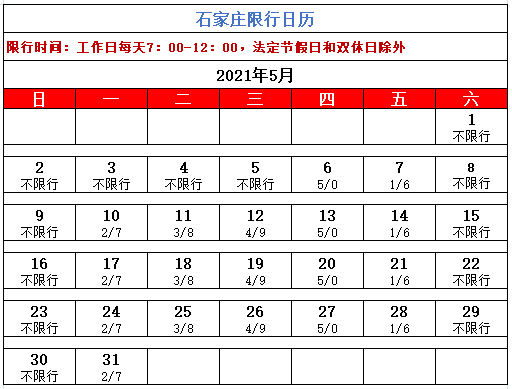 石家庄5月限行日历来了!本周还有一个重要节日!千万不