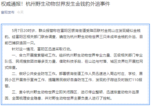 杭州野生动物世界3只未成年金钱豹外逃目前已捕获追回一只